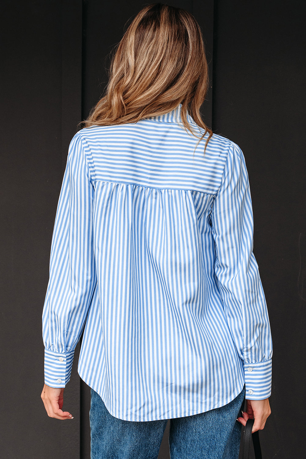 Sky Blue Stripe Shirred Detail Half Placket Collared Long Sleeve Fall Shirt