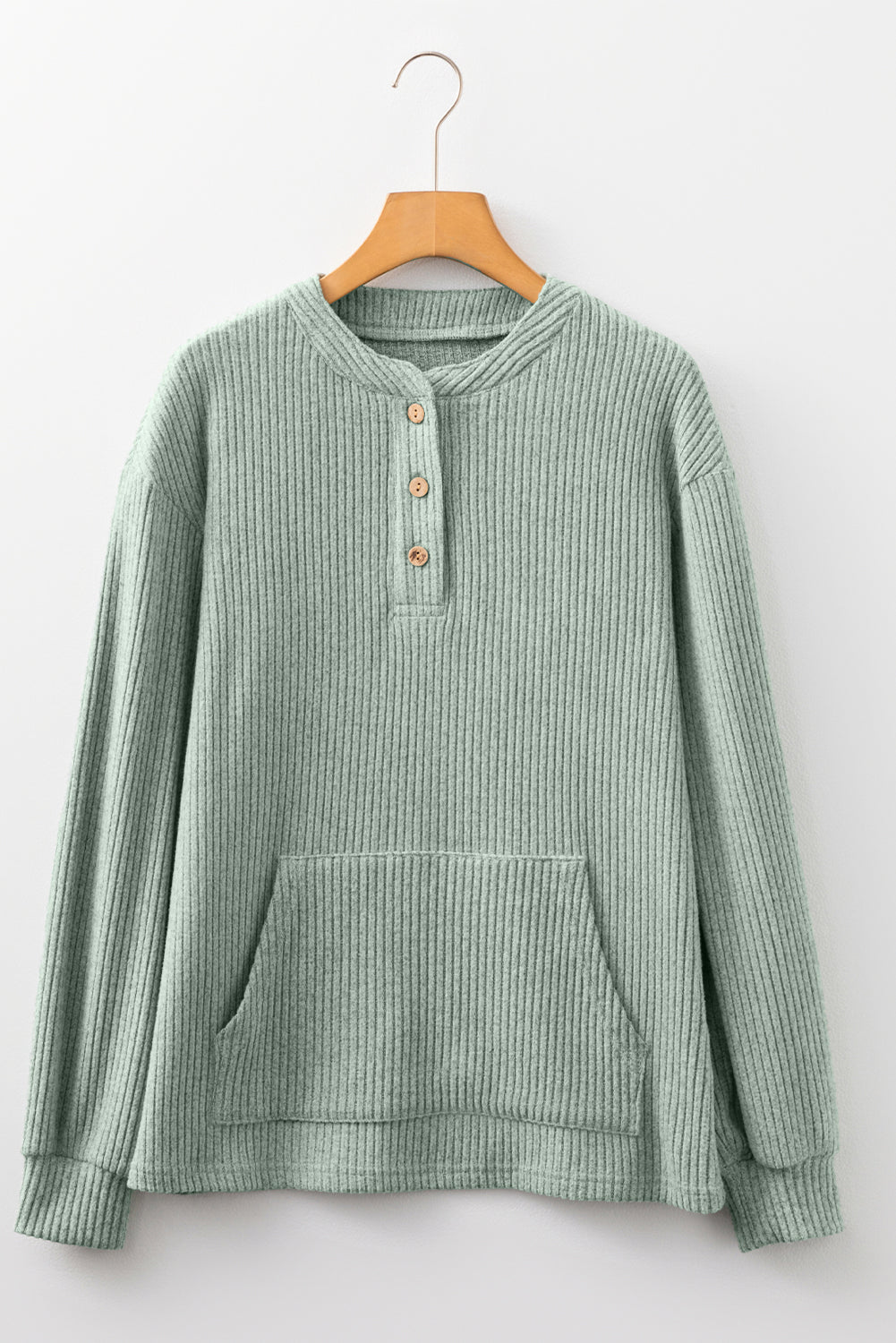 Clearly Aqua Ribbed Texture Drop Shoulder Henley Knit Top