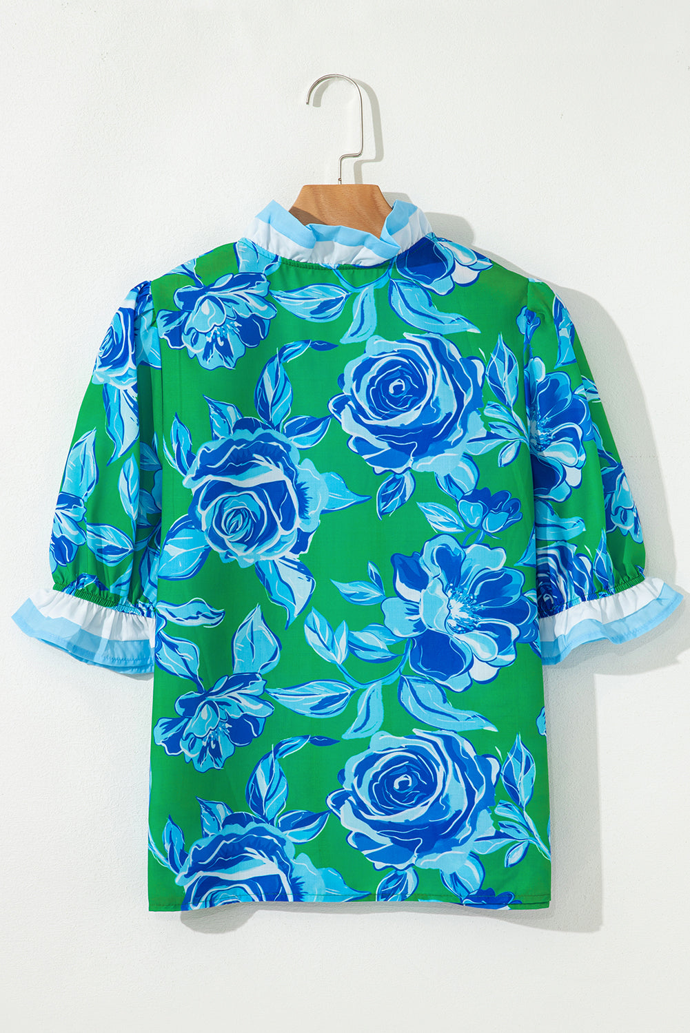 Bright Green Floral Frilled V Neck Short Sleeve Blouse Top