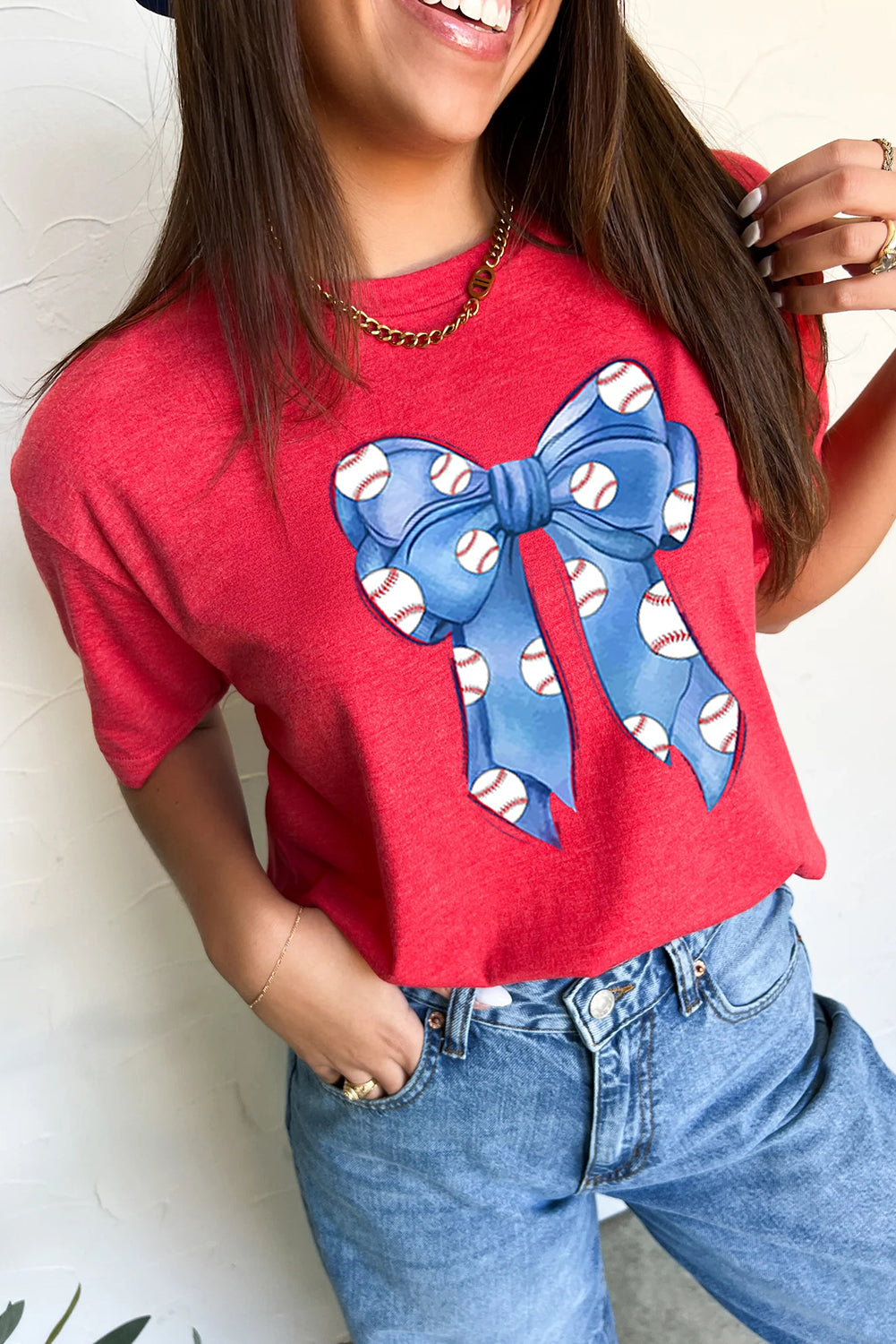 Red Rugby Bowknot Graphic Crew Neck Tee