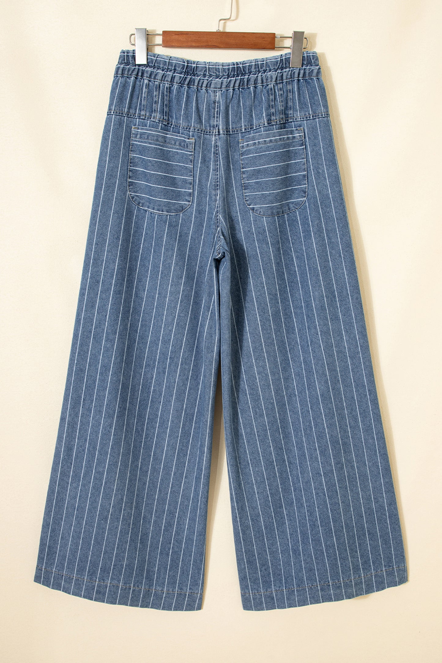 Sky Blue Stripe Button Pleated Drawstring Waist Casual Wide Leg Jeans
