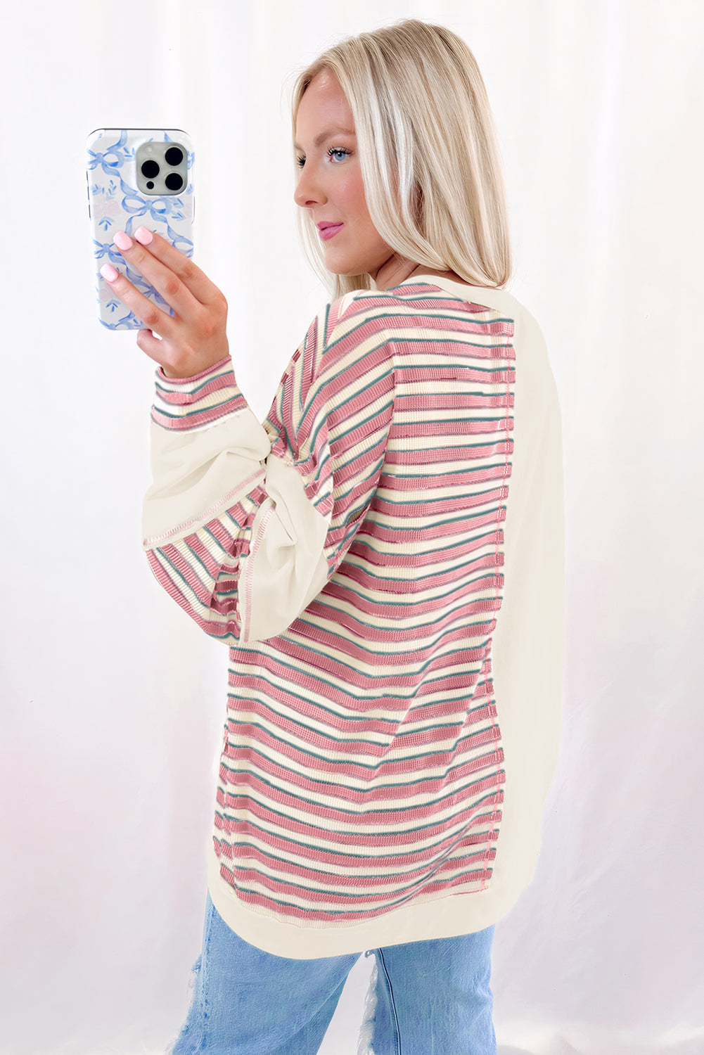 Pink Stripe Stitched Detail Color Block Patchwork Oversized Pullover Top