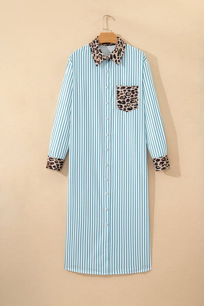 Sky Blue Stripe Contrast Leopard Patchwork Long Shirt Dress with Slits