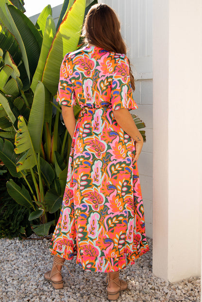 Rose Summer Plant Print Surpliced V Neck Ruffled Asymmetric Slit Wide Short Sleeve Maxi Dress