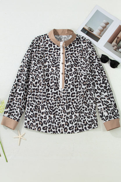 Multicolour Leopard Print Contrast Trim Button Split Neck Plus Long Sleeve Top