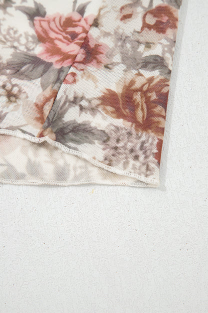 Red Floral Print Stitched Detail Tie V Neck Long Bell Sleeve Blouse