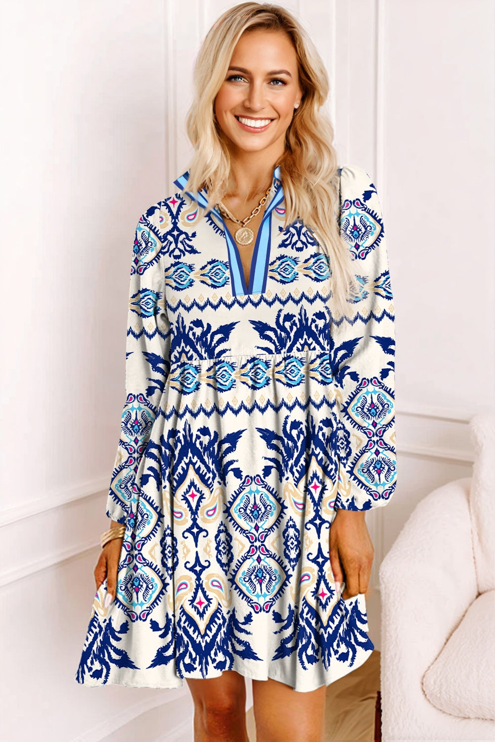 Blue Ethnic Print Striped Split Neck Long Sleeve Flowy Mini Dress