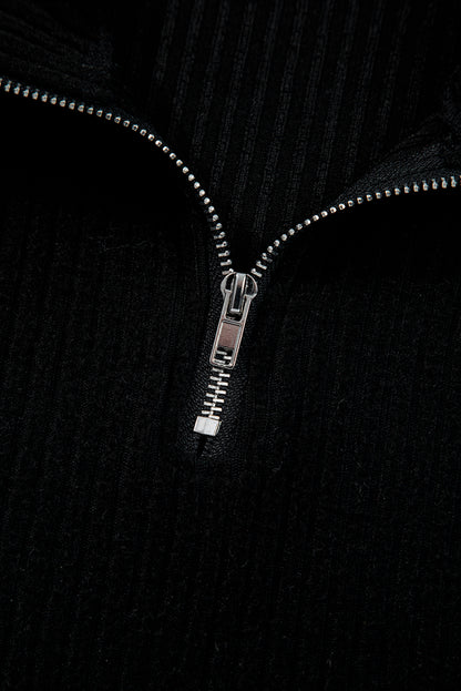 Black Ribbed Zip Stand Neck Drop Shoulder Pullover Bodycon Skirt 2pcs Set