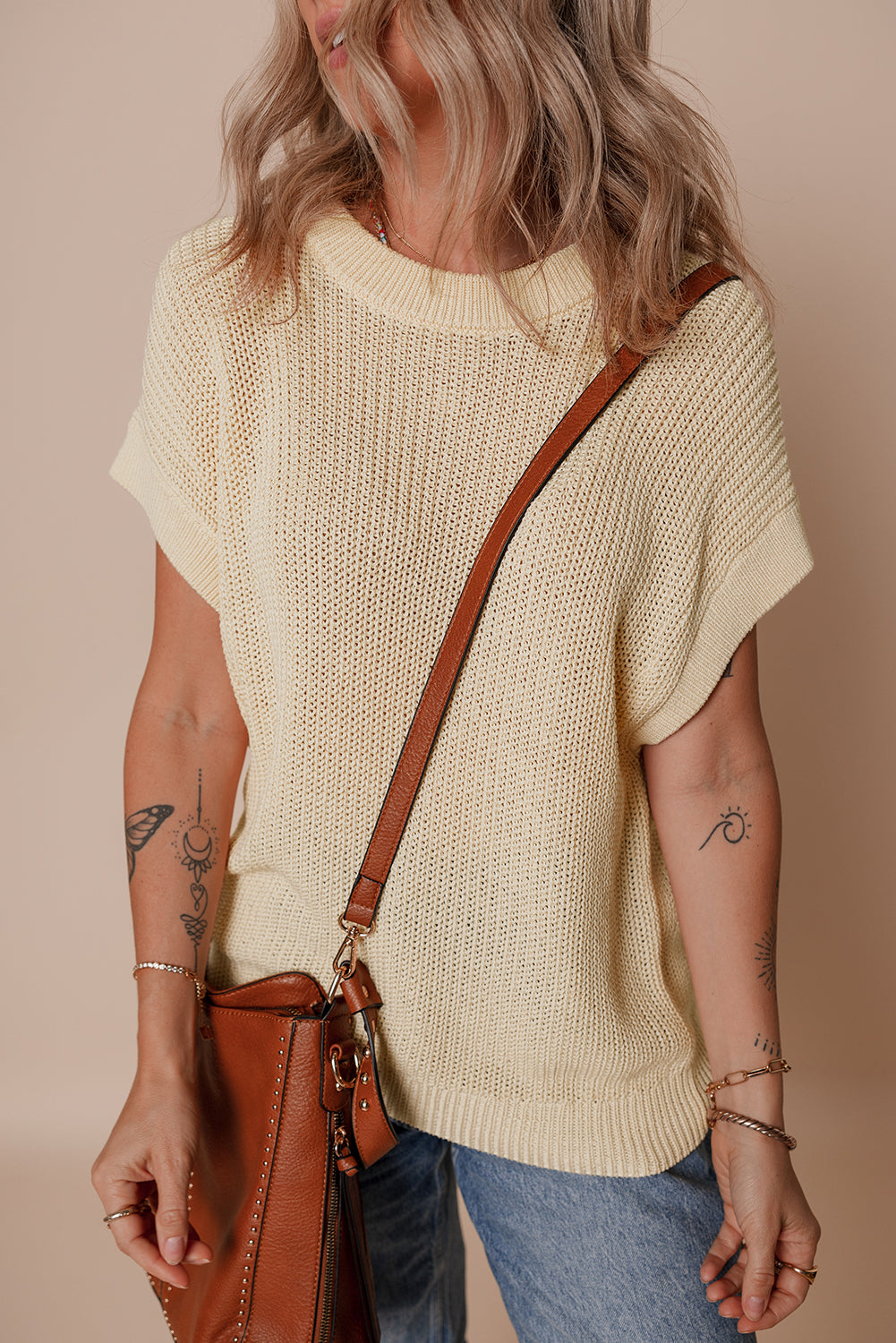 Oatmeal Solid Color Batwing Short Sleeve Round Neck Knit T Shirt