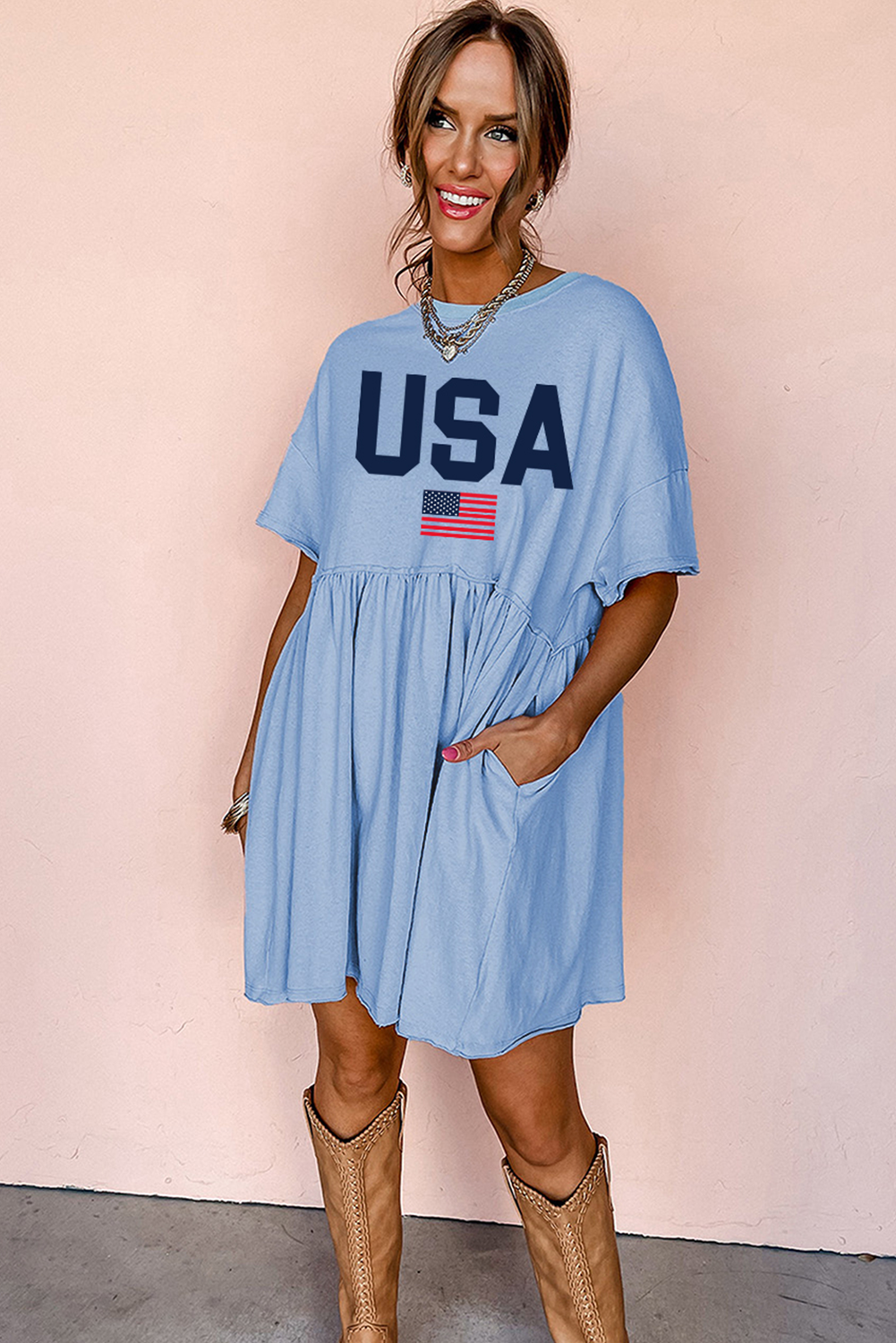 Sky Blue USA Flag Print Short Sleeve High Waist Babydoll Dress