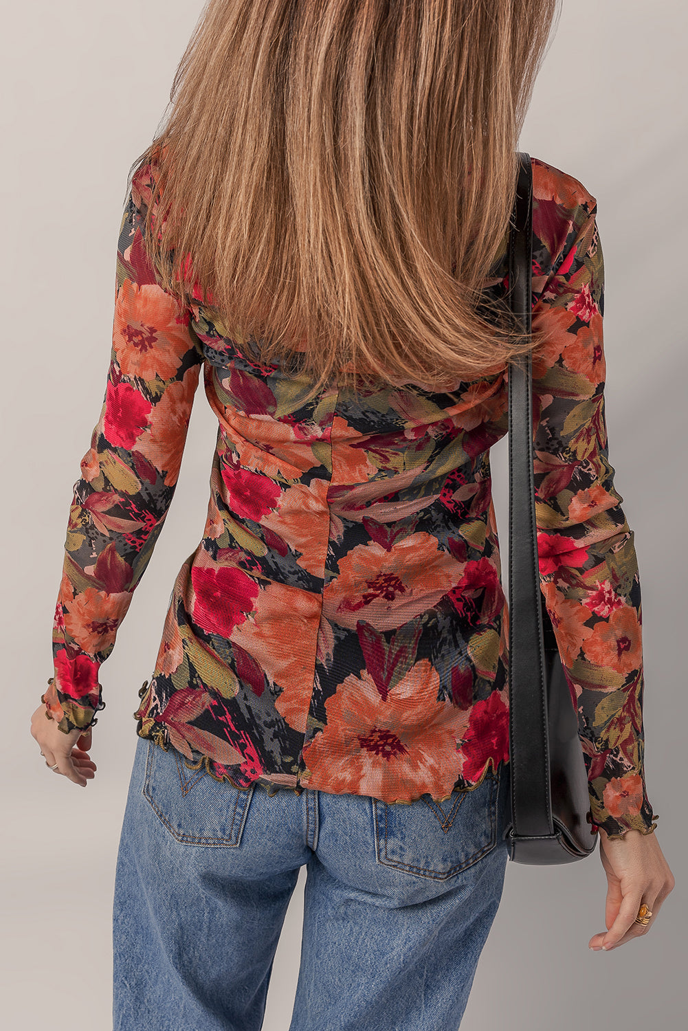 Multicolour Floral Print Lettuce Trim Long Sleeve Mesh Top