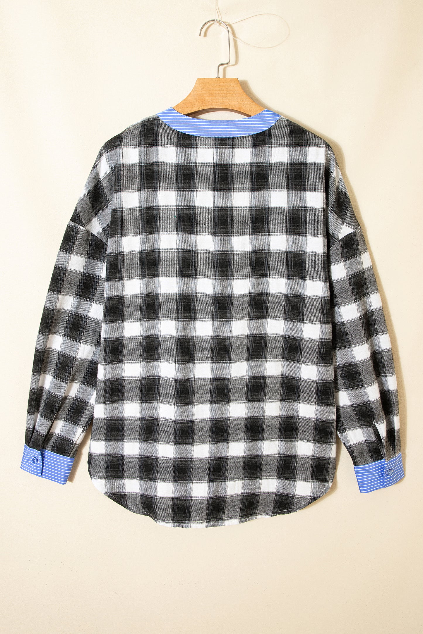 Black Contrast Striped Edge Half Placket Plaid Blouse