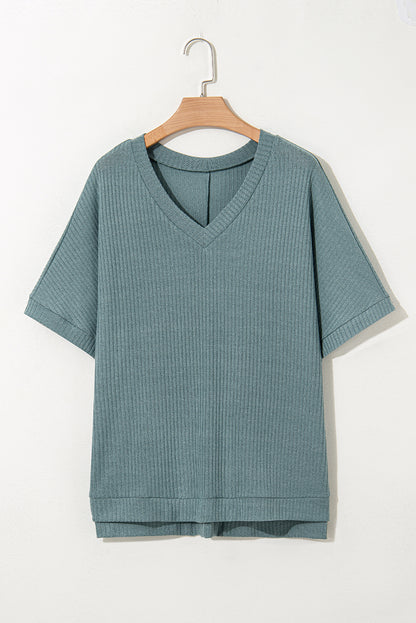 Moonlight Jade Oversized Ribbed Knit V Neck Dolman Short Sleeve Top
