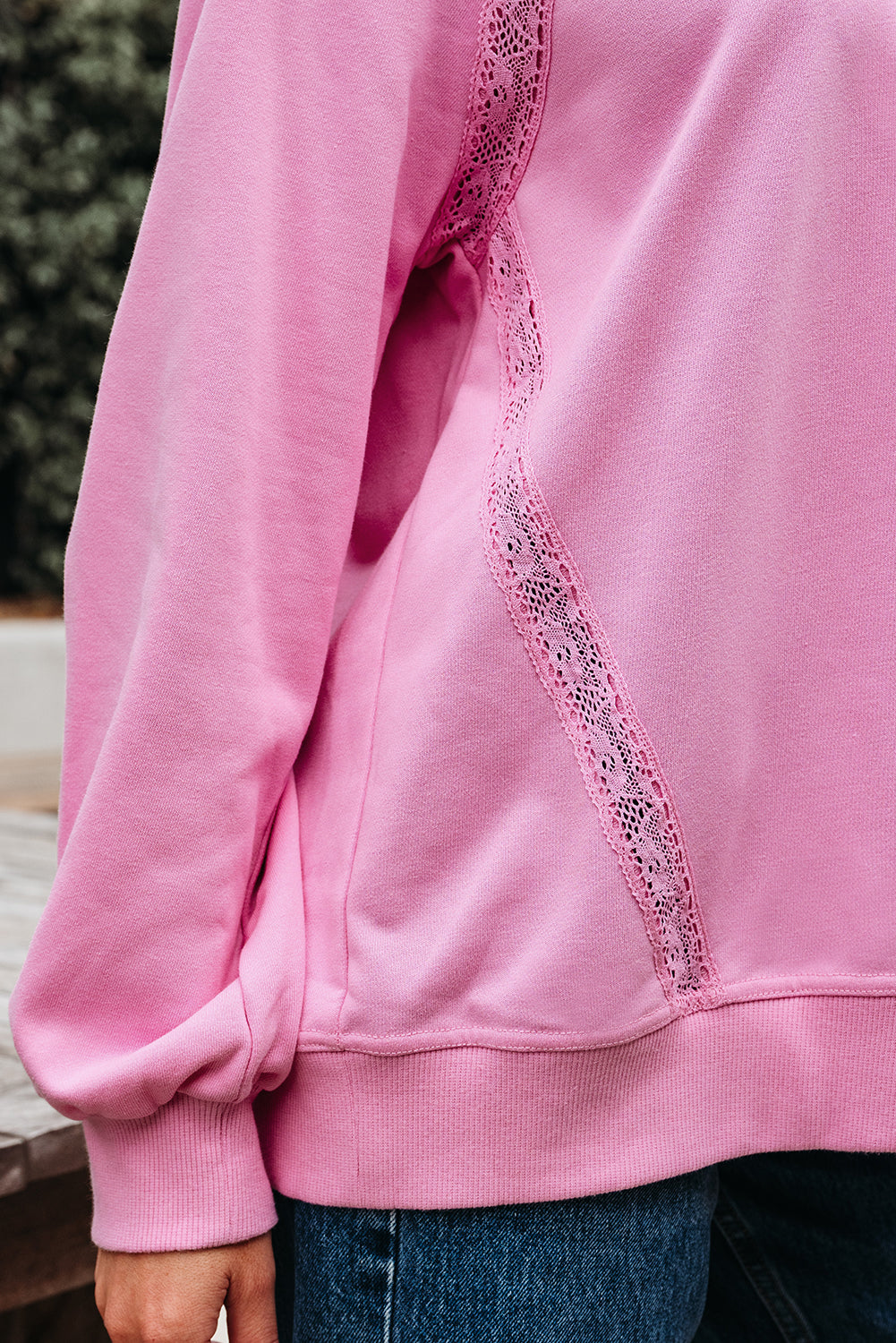 Bright Pink Lace Patched Raglan Sleeve Loose Fit Sweatshirt