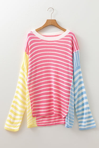 Multicolour Striped Exposed Seam Colorblock Patchwork Plus Size Sweater