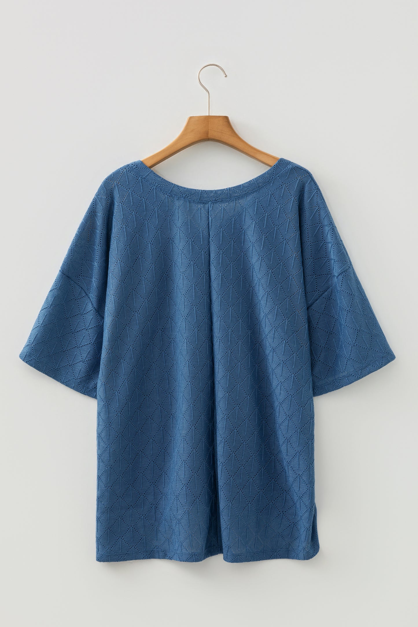 Sky Blue Pointelle Rhombus Knit Plus Size V Neck Loose Top