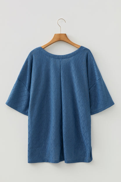 Sky Blue Pointelle Rhombus Knit Plus Size V Neck Loose Top