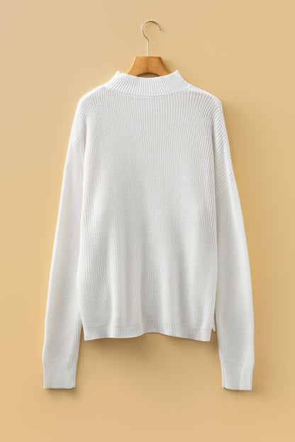 White Mix Texture Patchwork Contrast Stitch Mock Neck Sweater