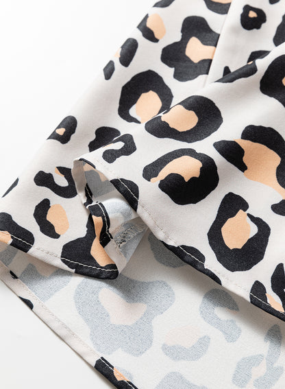 Khaki Leopard Print Contrast Scalloped V Neck Long Sleeve Blouse