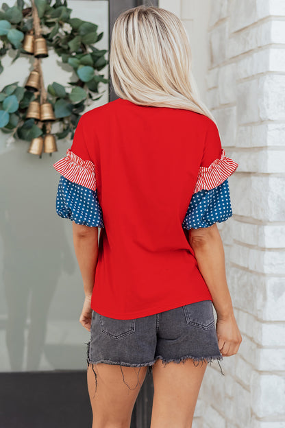 Fiery Red Stars Stripes Short Puff Sleeve Top