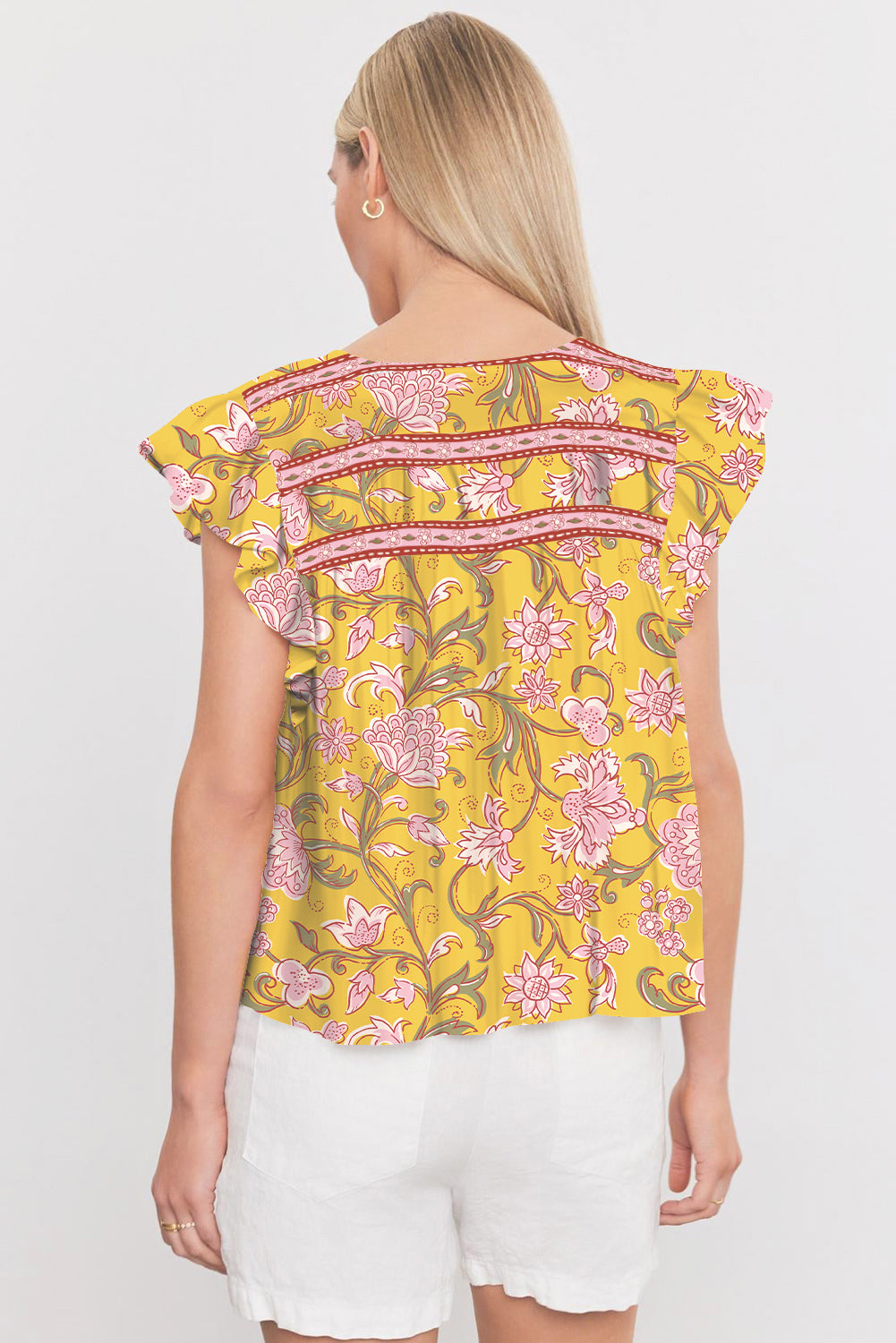 Yellow Floral Notched Neck Ruffled Sleeve Casual Blouse