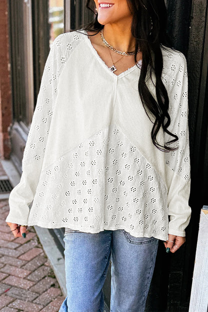 White Twisted Rib Patchwork Embroidered Loose V Neck Long Sleeve Top