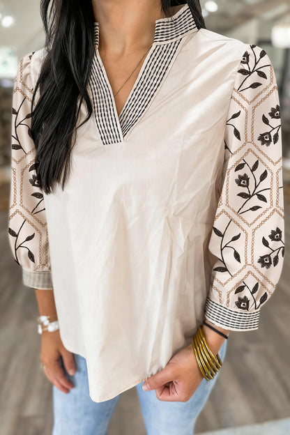 Grass Green Floral Puff Sleeve Contrast V Neck Patchwork Blouse