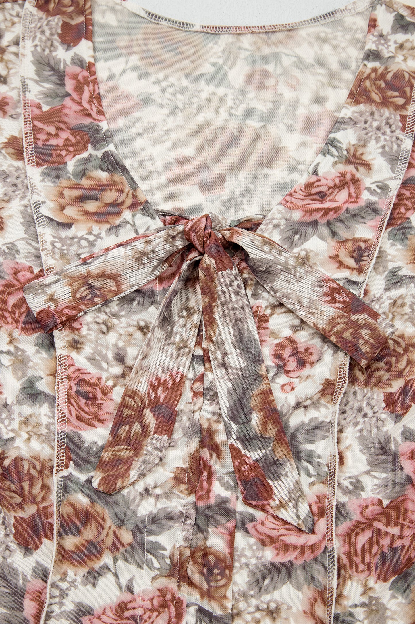 Red Floral Print Stitched Detail Tie V Neck Long Bell Sleeve Blouse