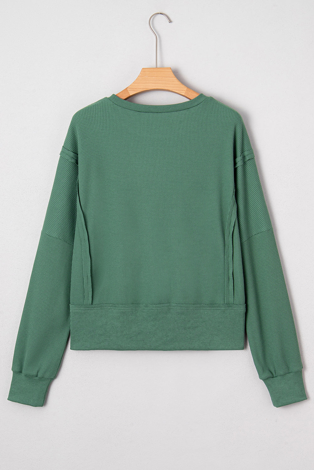 Evergreen Solid Color Raw Seam Patchwork Ribbed Drop Shoulder Sweatshirt