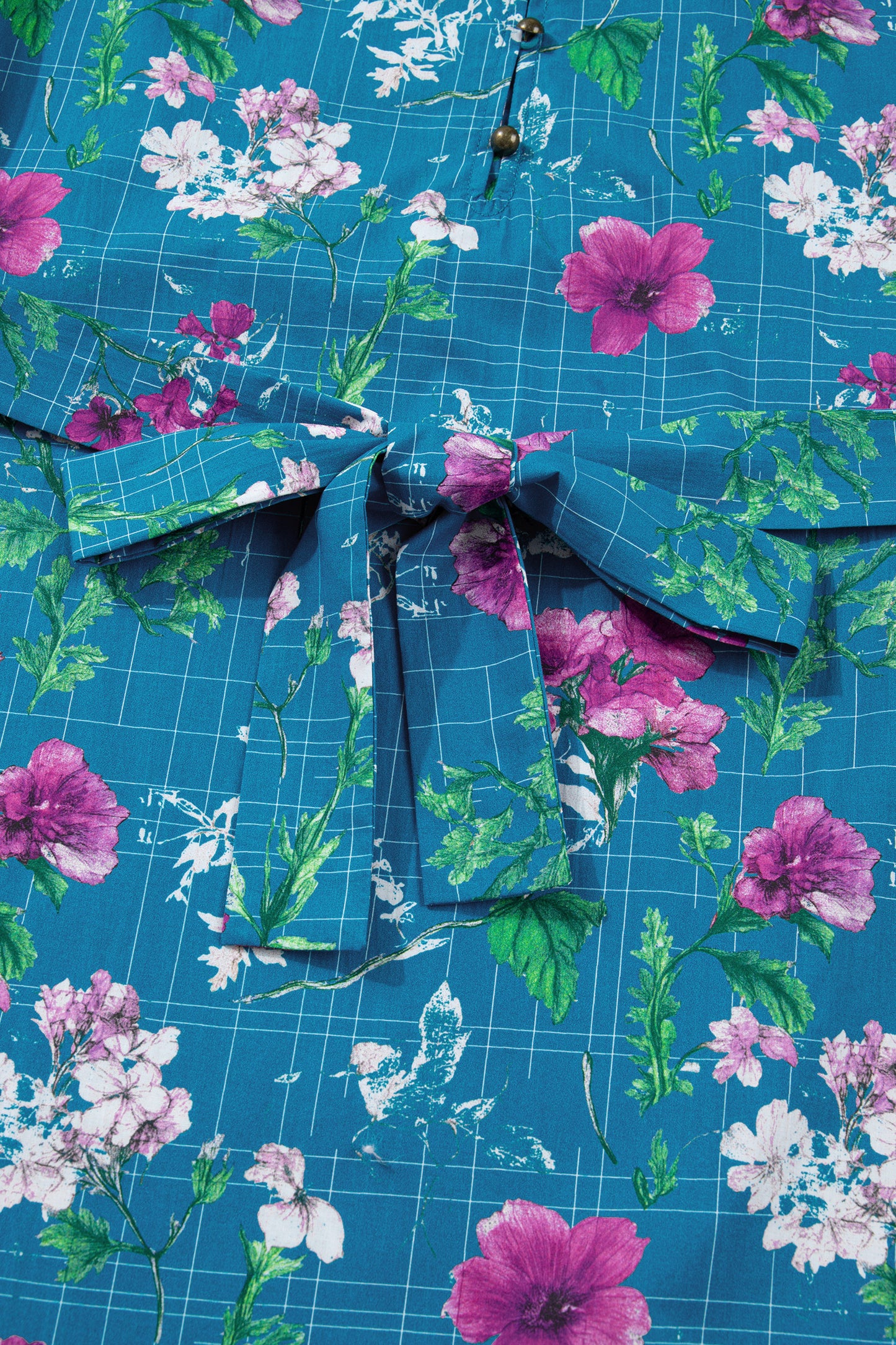 Blue Floral Flutter Sleeve Button Tie Split Neck Belted Long Dress