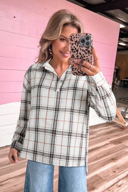 White Plaid Print Collared V Neck Loose Blouse with Side Slits