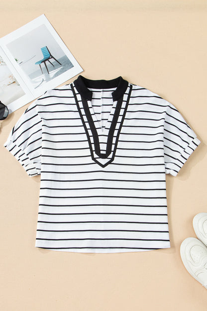 White Stripe Stand Collar V Neck Elastic Cuffs Half Sleeve Dolman Top