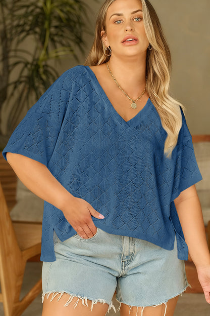 Sky Blue Pointelle Rhombus Knit Plus Size V Neck Loose Top