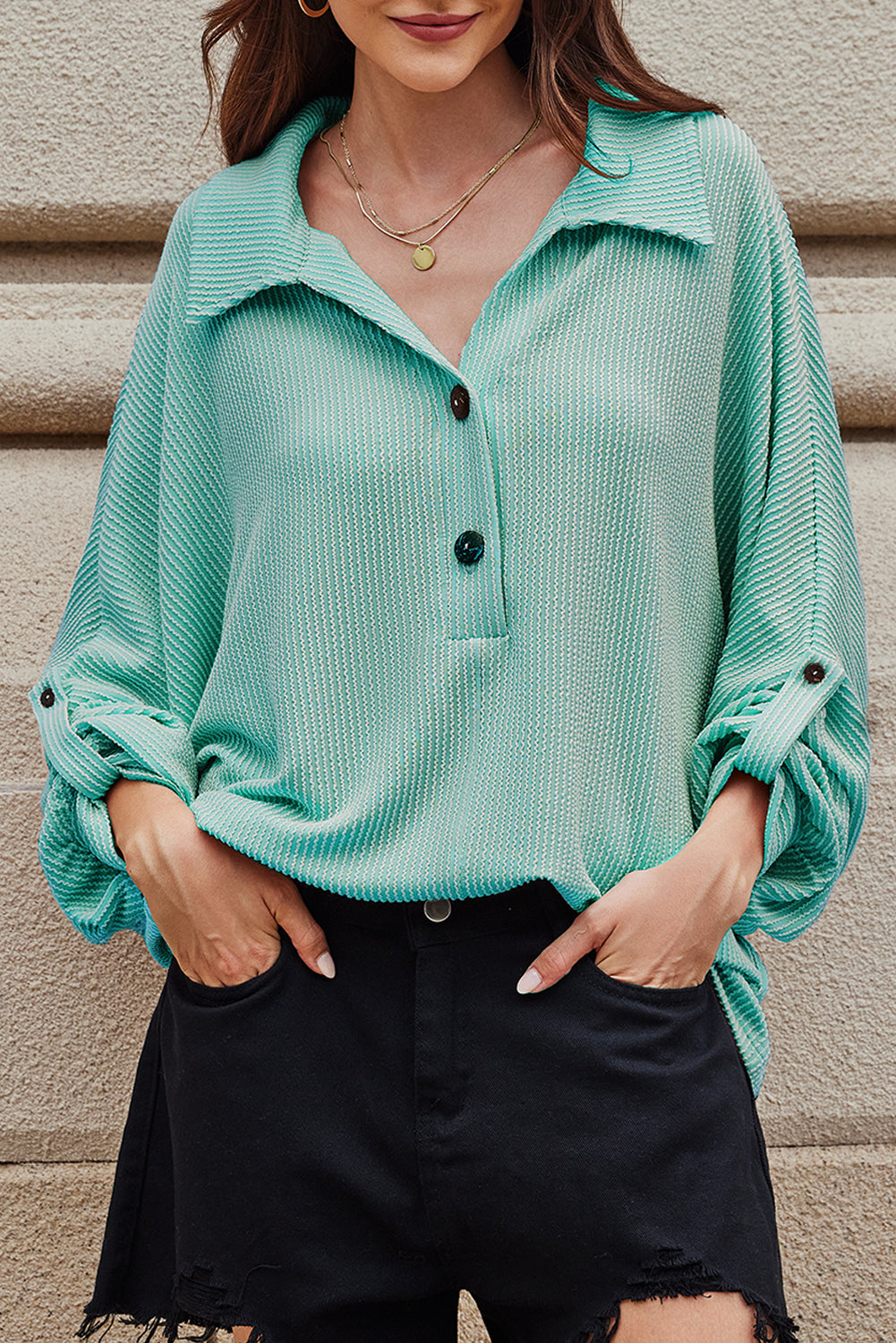 Light Blue Oversized Twist Ribbed Collared Henley Top with Roll up Sleeve