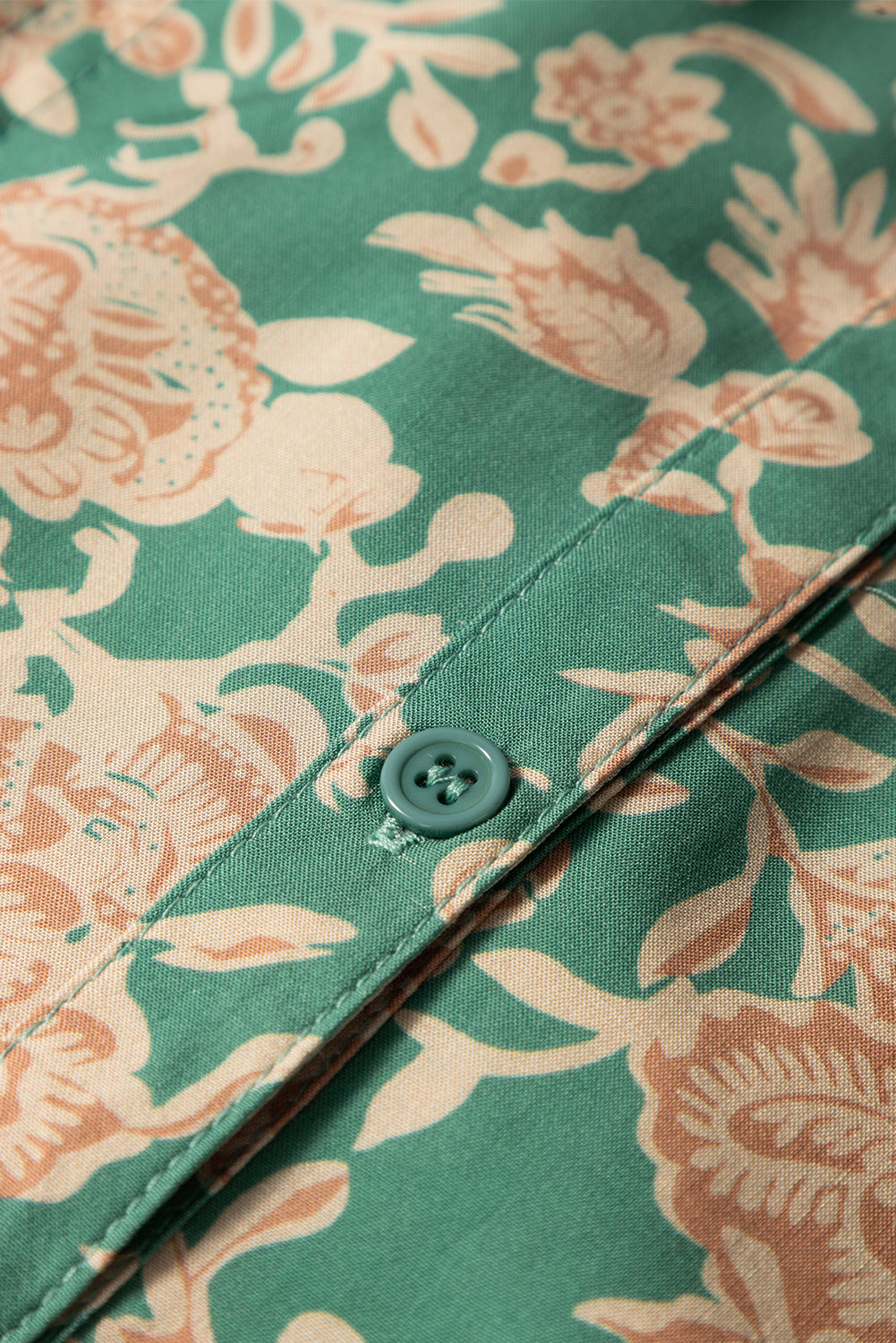 Green Floral Print Pleated Buttoned V Neck Short Sleeve Blouse