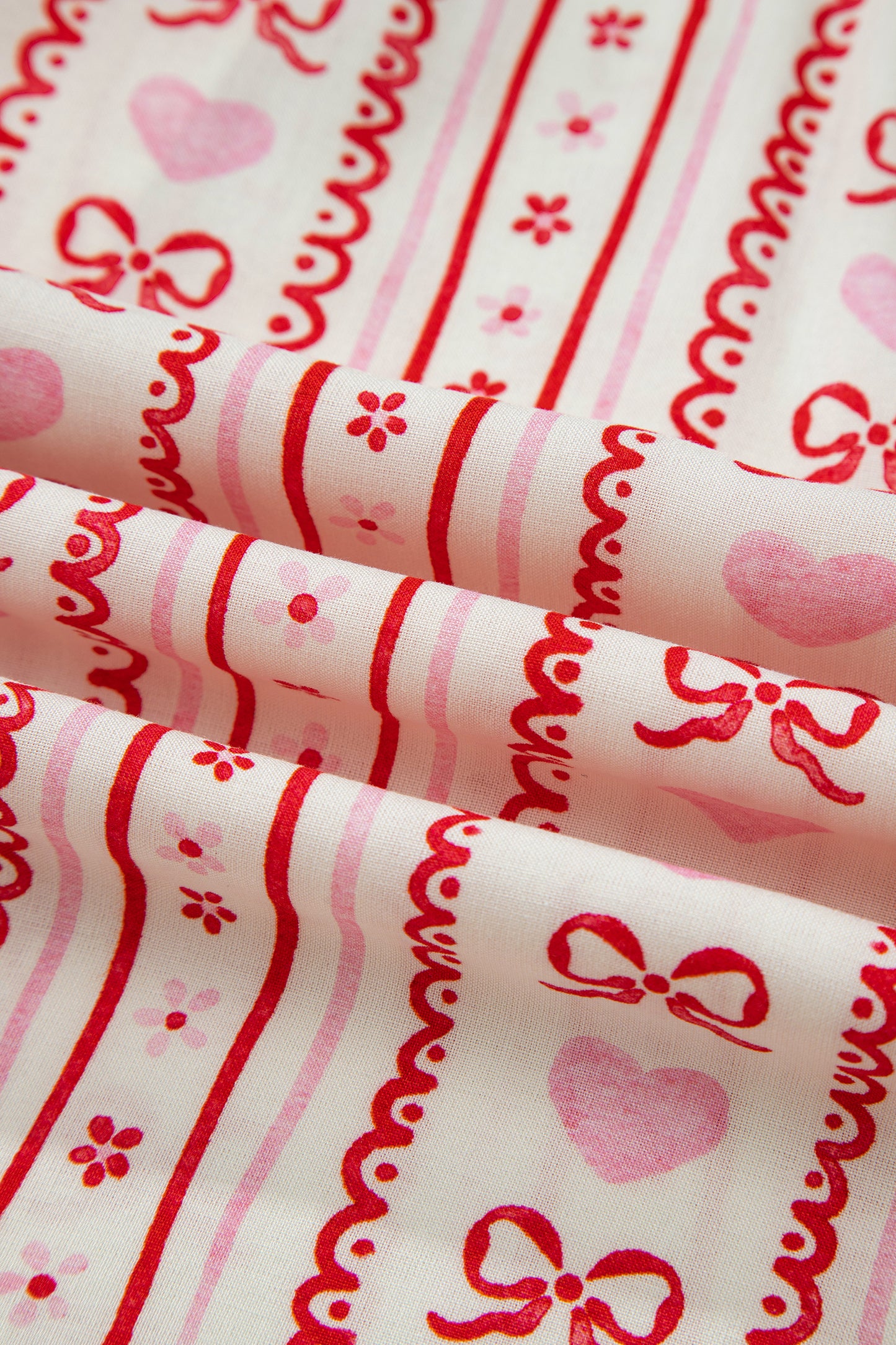 Red Sweet Floral Heart Bow Print Contrast Trim Long Sleeve Shirt Pajama Short Set