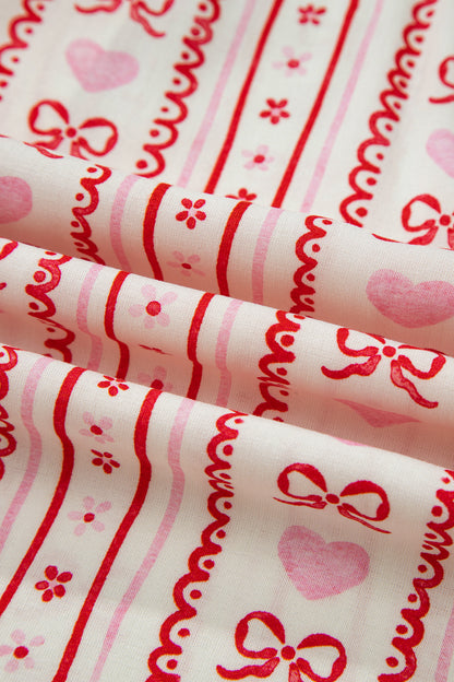 Red Sweet Floral Heart Bow Print Contrast Trim Long Sleeve Shirt Pajama Short Set