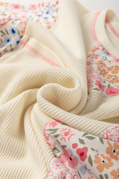 Beige Floral Patchwork Chest Pocket Wide Sleeve Waffle T Shirt