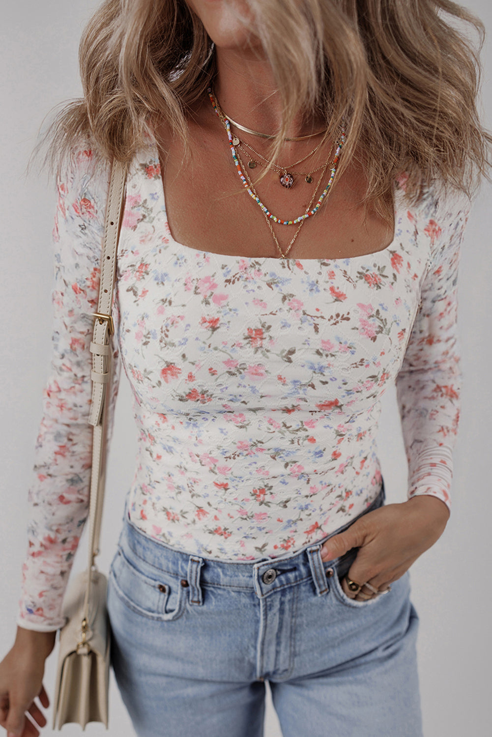 White Floral Print Textured Square Neck Slim Fit Long Sleeve Top