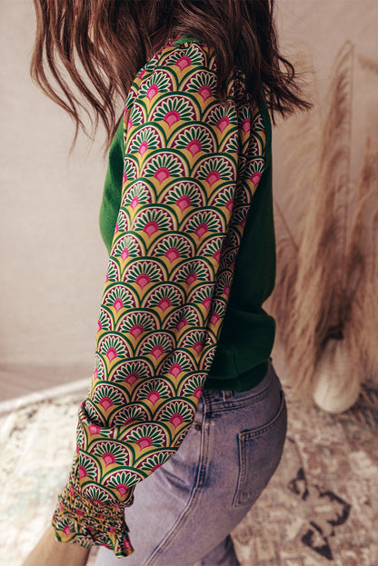 Apricot Floral Patchwork Shirred Cuff Puff Sleeve Sweater