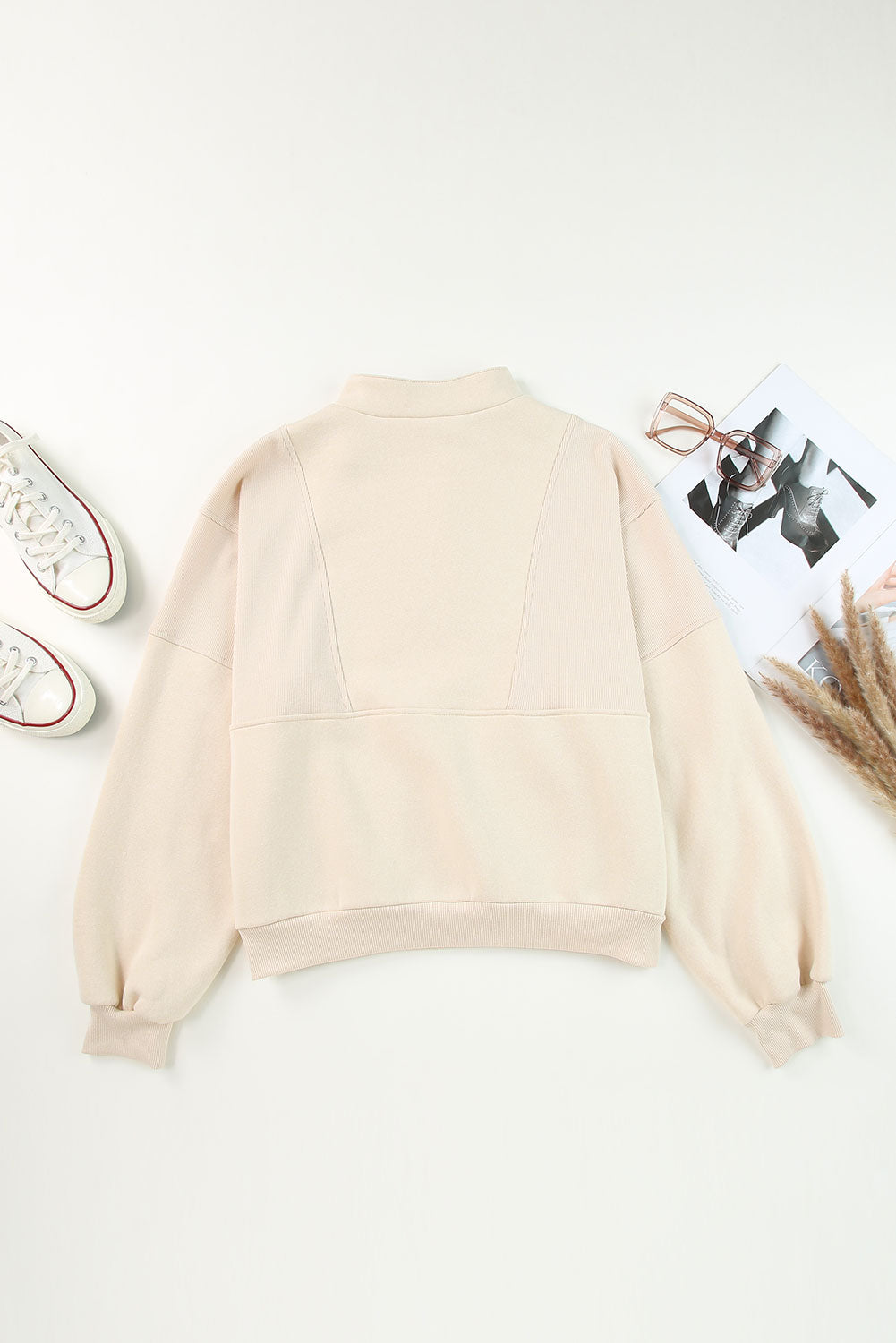 Apricot Half Zip Stand Collar Exposed Seam Solid Color Casual Sweatshirt