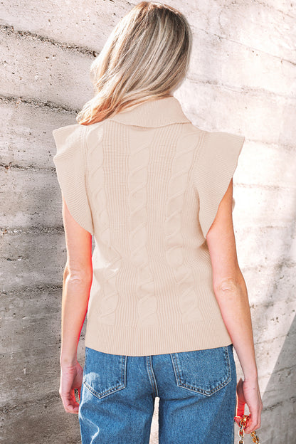 Tomato Red Cable Knit Turtleneck Ruffled Short Sleeve Sweater