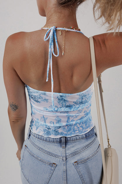 Sky Blue Random Printed Mesh Bow Detail Halterneck Tank Top