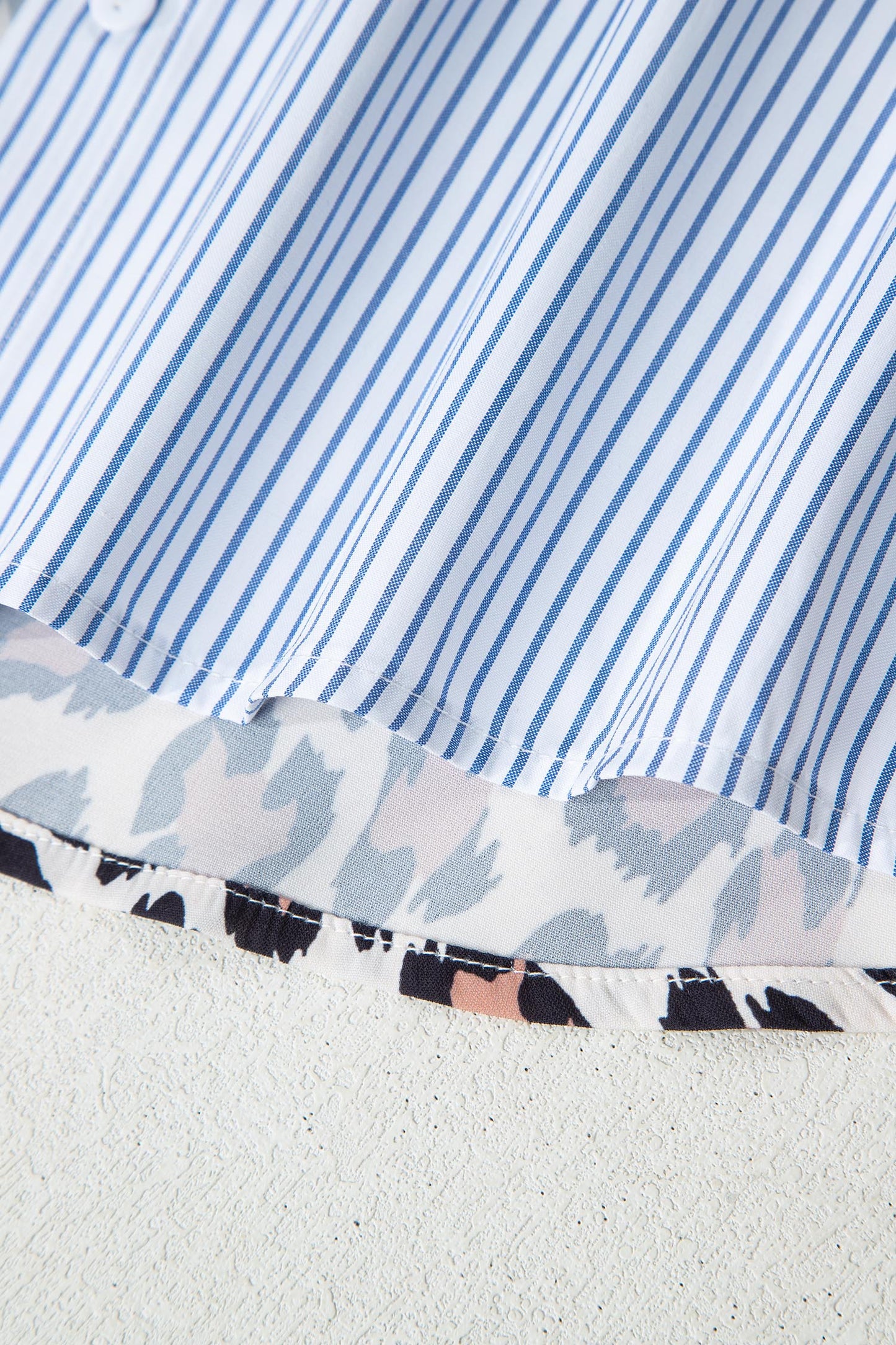 Sky Blue Stripe Colorblock Leopard Patchwork Chest Pocket Cuffed Sleeve Shirt