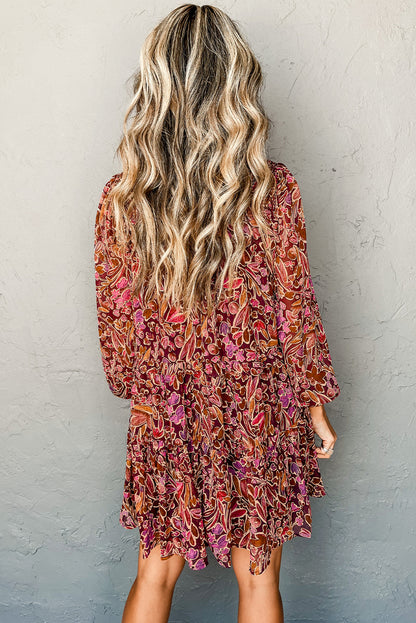 Red Floral Print Long Sleeve Shirred High Neck Loose Mini Dress