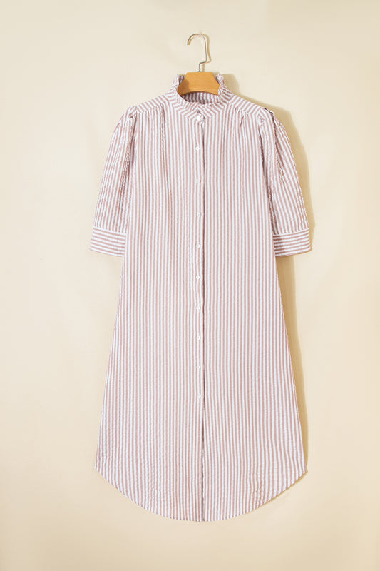 Khaki Stripe Frilled Collar Half Sleeve Shirt Maxi Dress