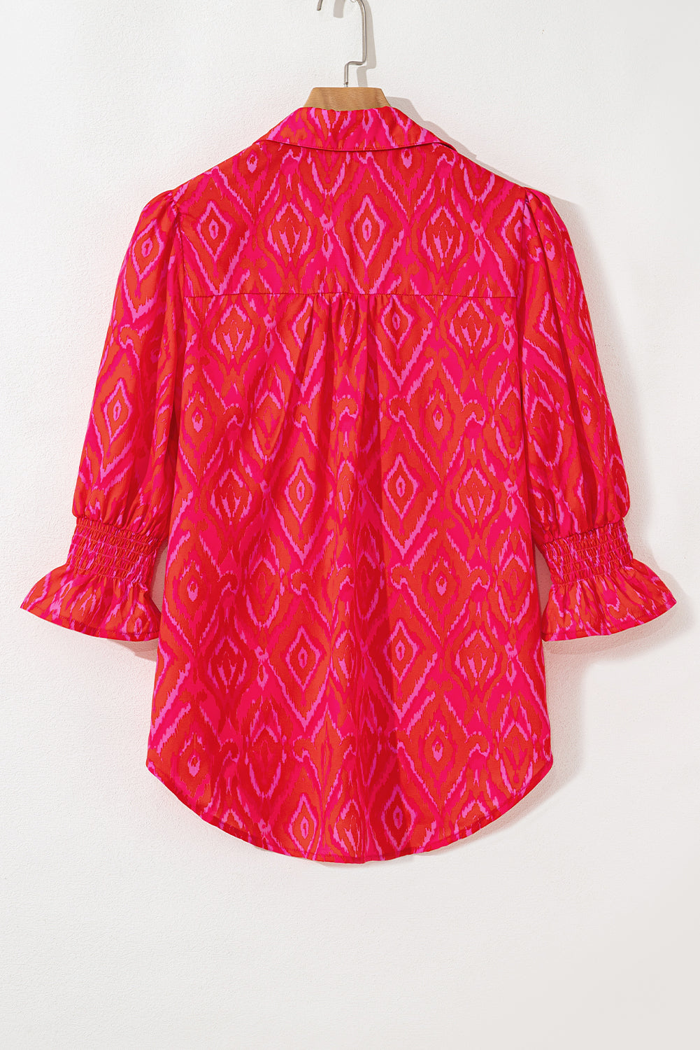 Strawberry Pink Western Aztec Geometric Ruffled 3/4 Sleeve Shirt