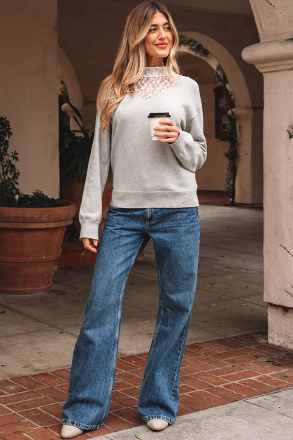 Light Grey Button Keyhole Lace Patchwork Drop Shoulder Sweater