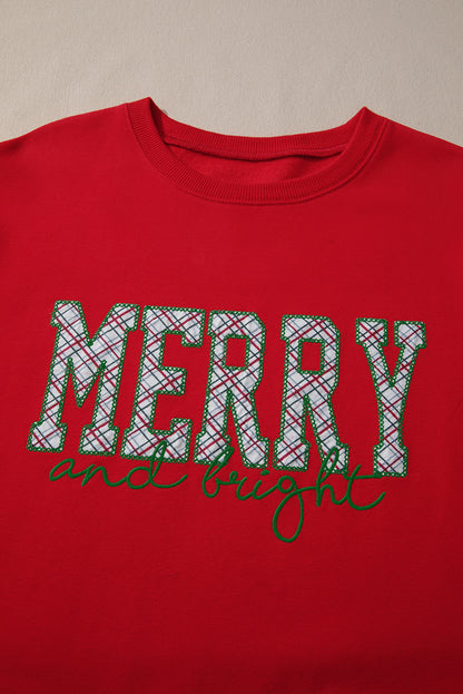 Fiery Red Merry and Bright Plaid Embroidered Letter Graphic Sequin Bow Decor Christmas Sweatshirt