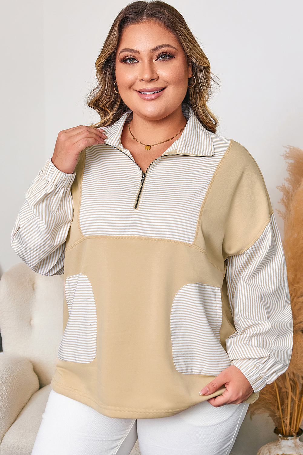 Khaki Stripe Mix Half Zip French Terry Plus Size Sweatshirt